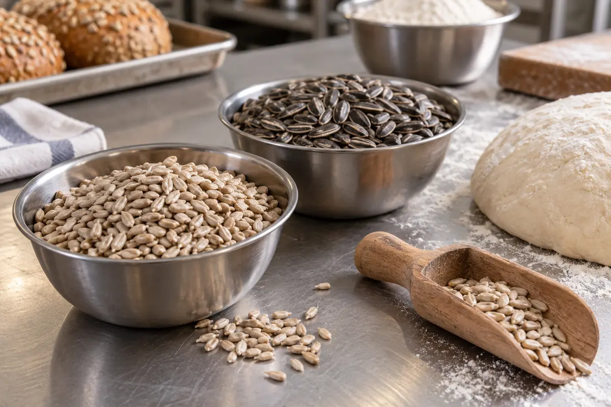 Sunflower seeds prepared as bakery ingredients beside bread dough